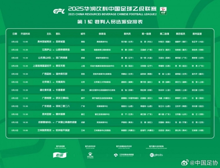 中乙首輪裁判名單：蘇子豪執(zhí)法貴州vs昆明，任通執(zhí)法海港B隊(duì)比賽