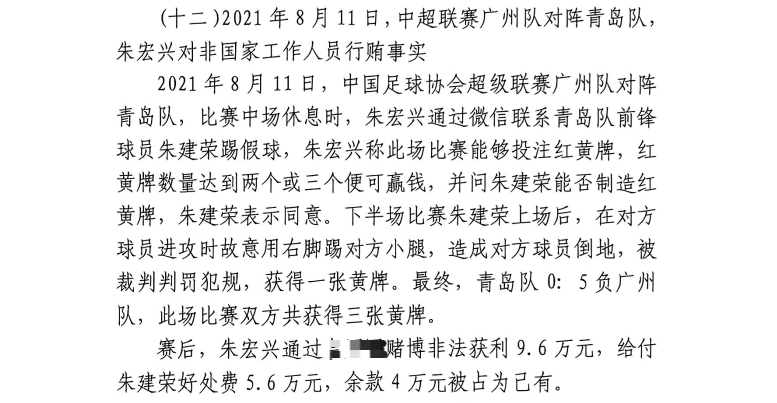 網傳判決書：青島球員朱建榮故意踢對方小腿，染黃收5.6萬好處費