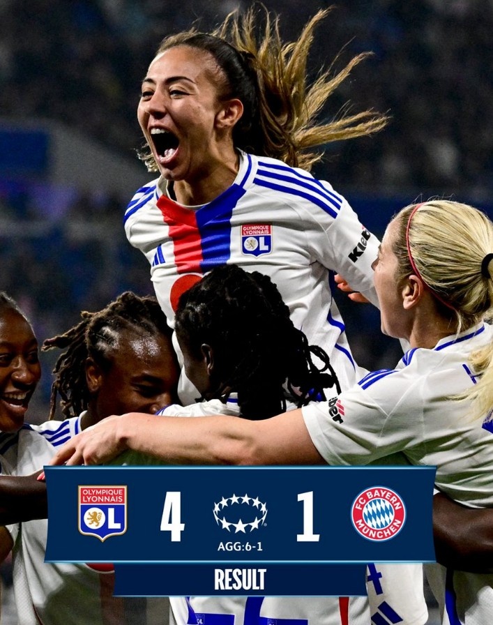 里昂女足4-1大勝拜仁女足，總比分6-1晉級女足歐冠半決賽
